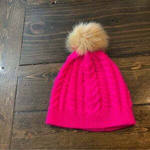 J. Crew Pink Knit Hat with Faux Fur Pom
